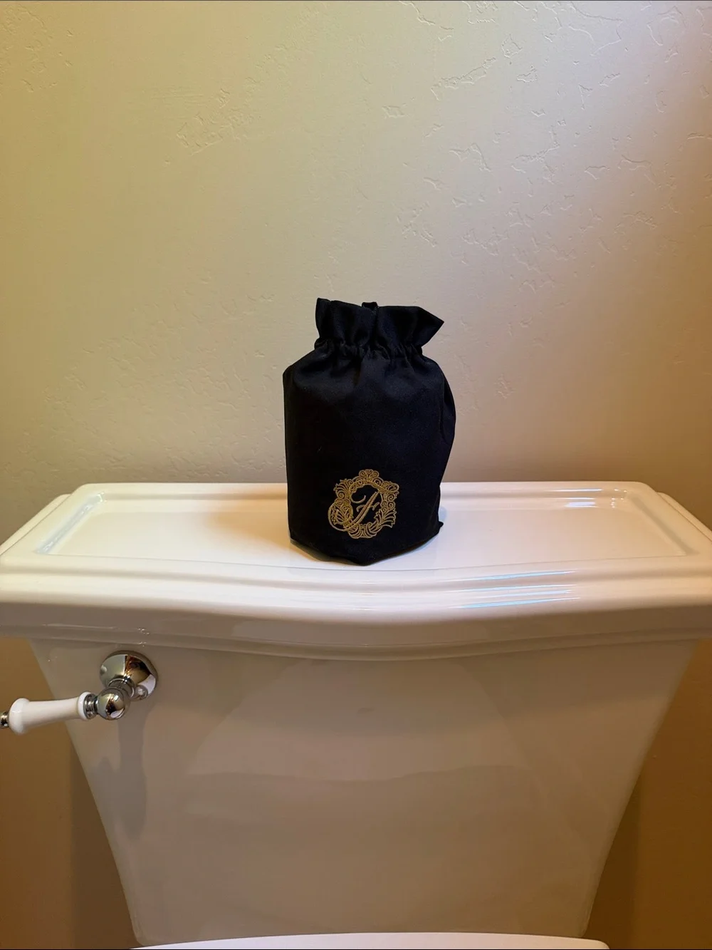 Toilet paper cover Black Drawstring Pouch with Gold “F” Monogram
